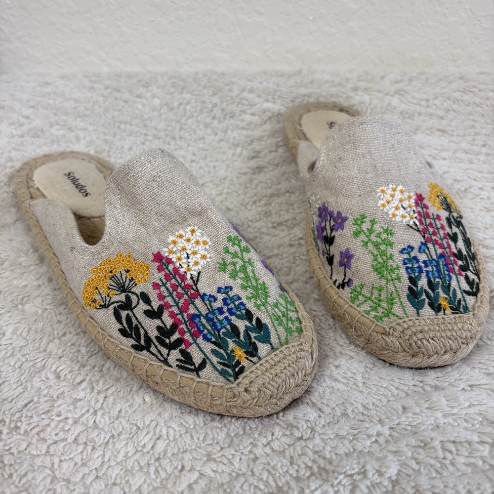Soludos 7.5 Mule Espadrilles Smoking Embroidered Floral Cottage Fairy Flats Boho